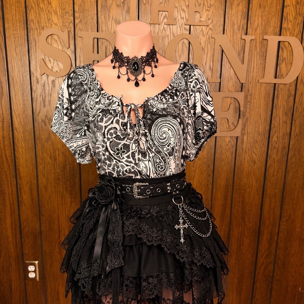 Black Paisley Peasant Top Claudia Richard Women L  Boho Retro Whimsigoth Witchy